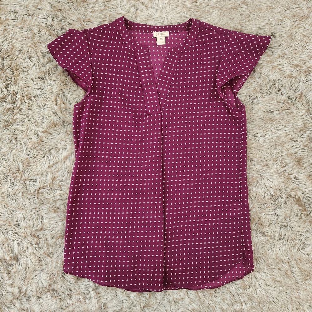 J. Crew Cap Sleeve‎ V-Neck Maroon Polka Dot Blouse Women's Petite Size 00